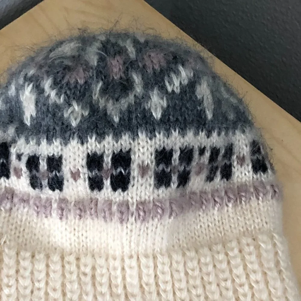 Vintage Aris Fair Isle Knit Beanie Unisex Beige Gray Black & Lavender Made USA